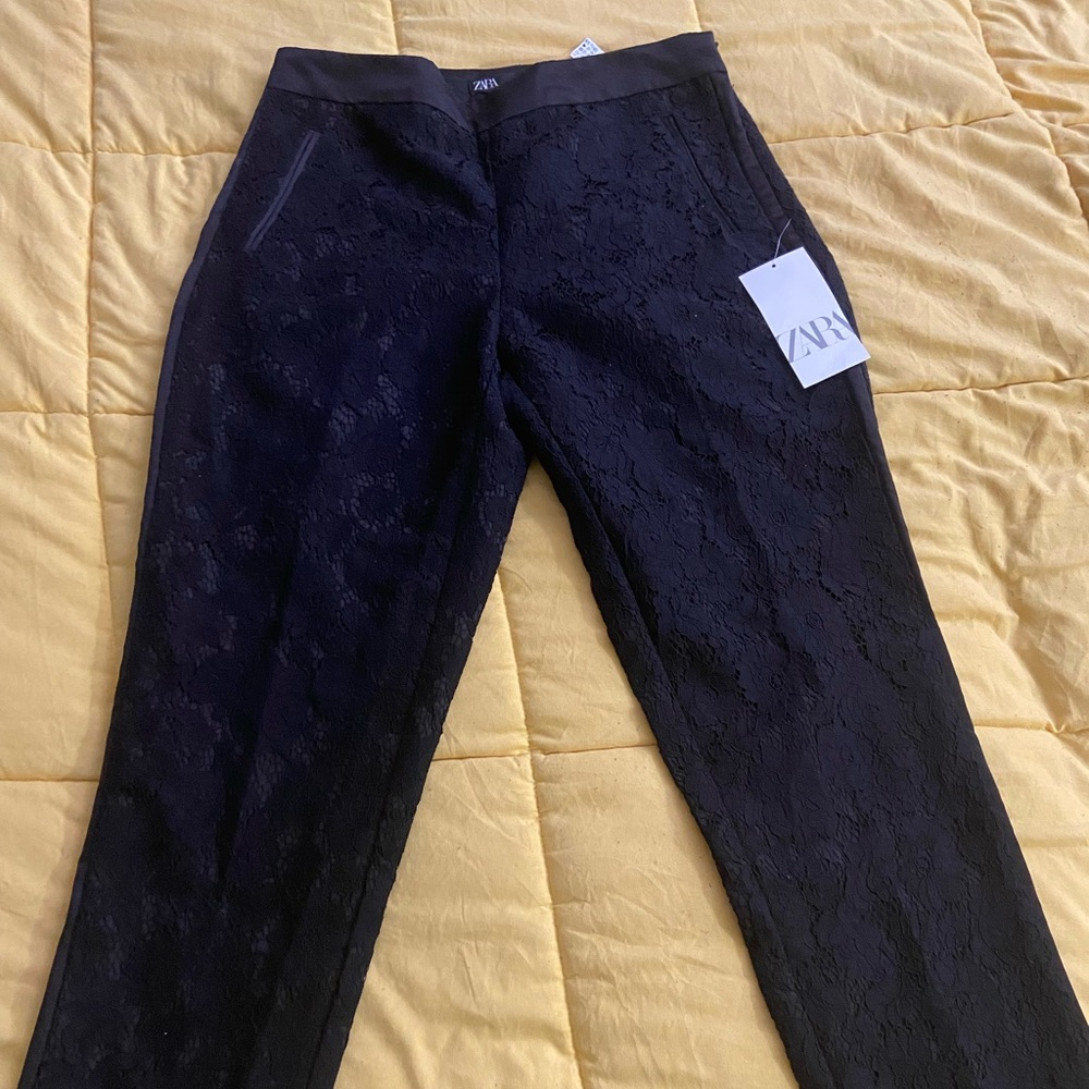 NWT Zara M black lace/satin tuxedo straight leg pants